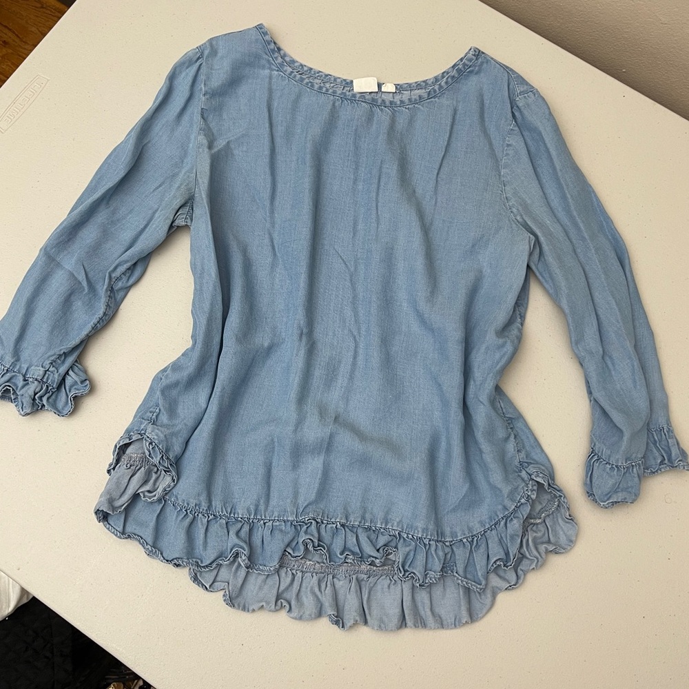 Gap denim blouse three quarters sleeve shirt ruffle hem cotton size small